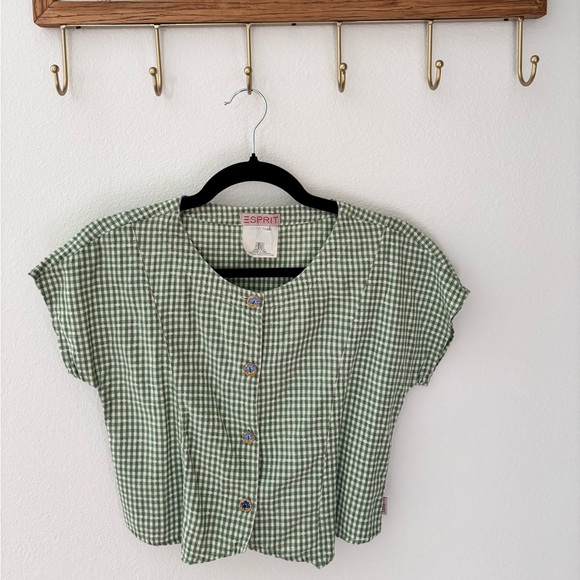 Esprit Tops - Vintage Esprit Green Checkered Blouse with hand painted buttons size XSmall